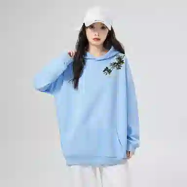 棉购 重磅黑金仿刺绣潮流连帽宽松加绒加厚中国风花卉印花上衣长袖卫衣 男女同款