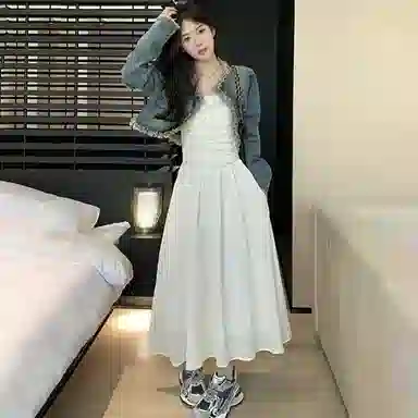 棉购 做旧毛边流苏长袖牛仔外套设计感宽松短款连衣裙裙装套装 女款