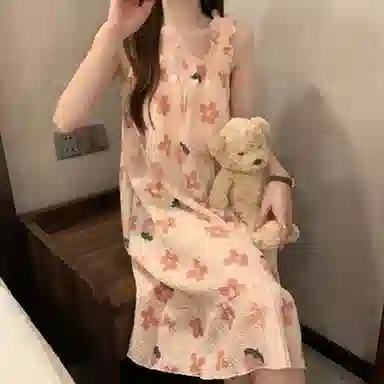 棉购 自带胸垫韩系碎花居家服可爱甜美无袖吊带睡裙 女款