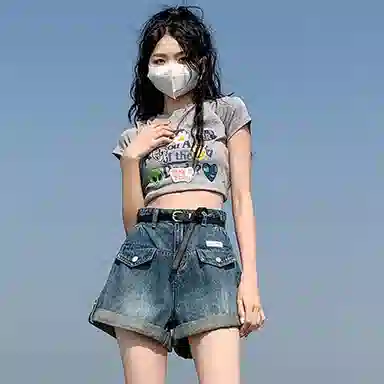 棉购 卷边百搭宽松阔腿裤高腰牛仔短裤 女款