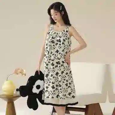 棉购 带胸垫圆领花卉小清新凉感中长款无袖睡裙 女款 乳白色