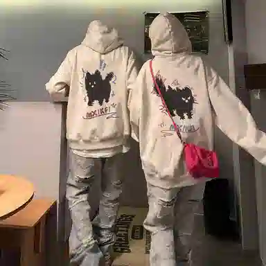 棉购 猫咪设计感连帽薄款港味舒适美式街头风印花加绒加厚圆领小众学生潮流休闲百搭卫衣 女