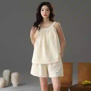 棉购 舒适透气带胸垫无袖甜美背心三分裤睡衣套装 女款