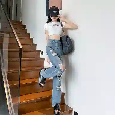 棉购 破洞高腰设计重工烫钻宽松直筒牛仔裤 女款 复古蓝