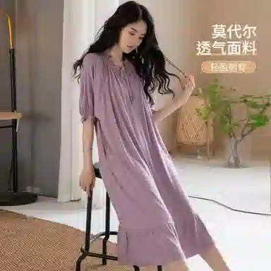 棉购 甜美可爱凉感中长款短袖睡裙 女款