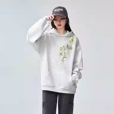 棉购 宽松国潮学生花卉印花带帽套头休闲加绒外套卫衣 女款