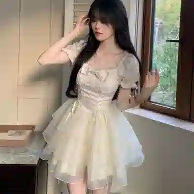 棉购 法式蝴蝶结提花通勤时尚纯色短袖连衣裙 女款 杏色