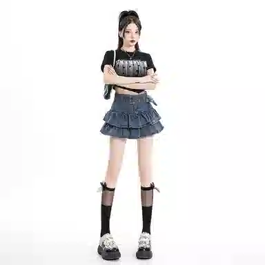 棉购 辣妹防走光半身裙蓬蓬裙简约舒适牛仔短裙 女款