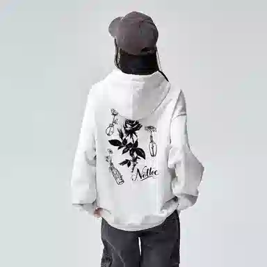 棉购 时尚玫瑰花纹设计连帽加绒加厚百搭休闲潮流卫衣 女款
