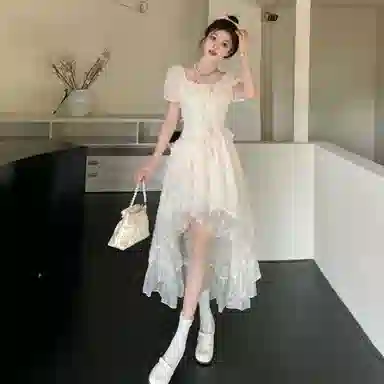 棉购 不规则荷叶边纯色短袖连衣裙 女款 杏色