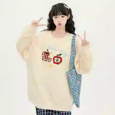 棉购 韩系卡通潮流苹果印花圆领慵懒感百搭休闲卫衣 女款