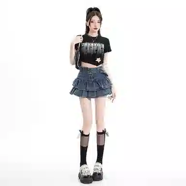 棉购 辣妹防走光半身裙蓬蓬裙简约舒适牛仔短裙 女款