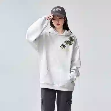 棉购 重磅黑金仿刺绣潮流连帽宽松加绒加厚中国风花卉印花上衣长袖卫衣 男女同款