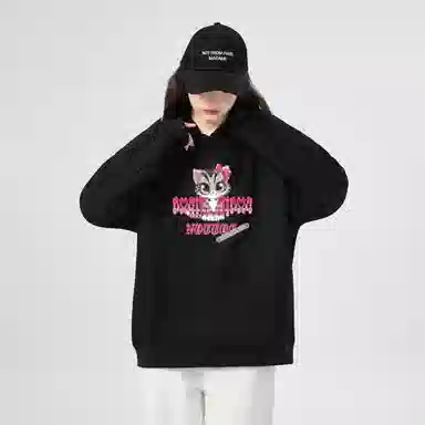 棉购 美式连帽潮流加绒加厚长袖上衣外套卡通猫咪个性街头卫衣 女款