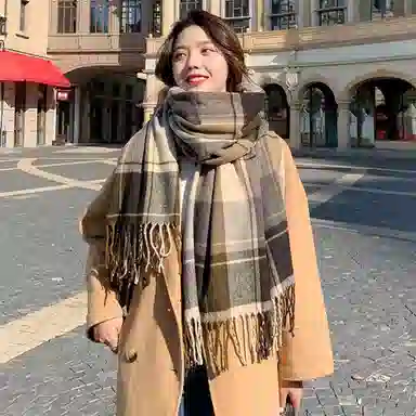 梦特娇 秋冬韩版格子流苏学院风 仿羊毛 绒线围巾 男款