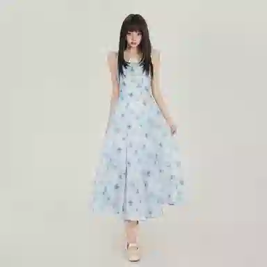合身适中方蝴蝶印花水墨风设计感通勤休闲温柔高街辣妹晕染海边度假小众领夏季无袖仙气腰简约优雅法式慵懒时尚吊带连衣裙 女款
