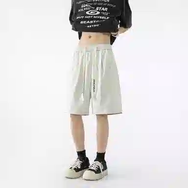 敦煌博物馆 美式高街抽绳系带刺绣简约百搭基础款日常运动纯色透气大码垂感铆钉直筒五分休闲短裤 男女同款