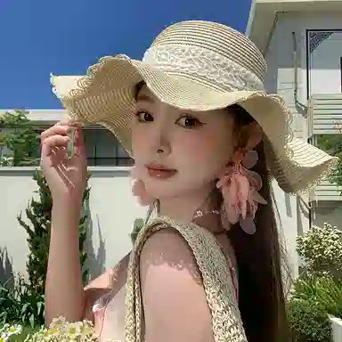 稻草人 波浪边蕾丝蝴蝶结草帽 大帽檐编织帽海边沙滩度假 遮阳 韩系百搭显脸小 纸草 防晒帽 女款