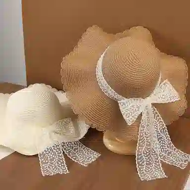 稻草人 波浪边蕾丝蝴蝶结草帽 大帽檐编织帽海边沙滩度假 遮阳 韩系百搭显脸小 纸草 防晒帽 女款