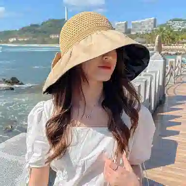 稻草人 黑胶大檐 户外遮阳防紫外线 简约百搭韩版 聚酯纤维 防晒帽 女款