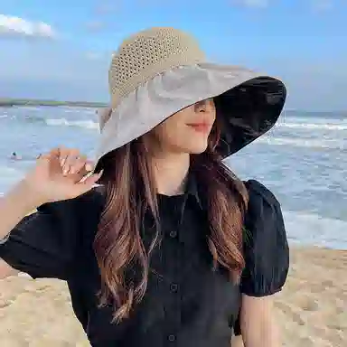 稻草人 黑胶大檐 户外遮阳防紫外线 简约百搭韩版 聚酯纤维 防晒帽 女款