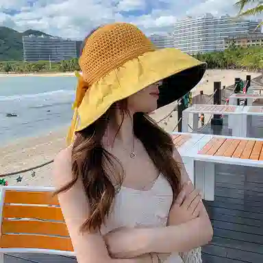 稻草人 黑胶大檐 户外遮阳防紫外线 简约百搭韩版 聚酯纤维 防晒帽 女款