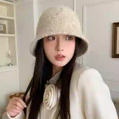 稻草人 韩版纯色毛绒高级感百搭素颜显脸小 聚酯纤维 渔夫帽 女款