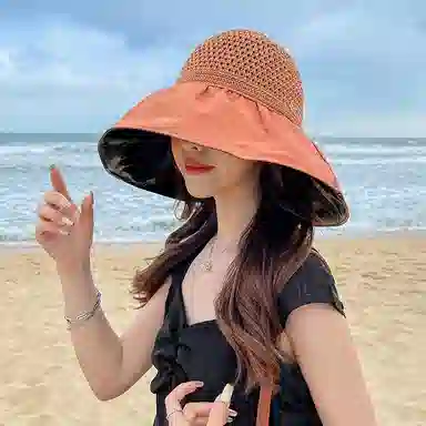 稻草人 黑胶大檐 户外遮阳防紫外线 简约百搭韩版 聚酯纤维 防晒帽 女款