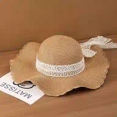稻草人 波浪边蕾丝蝴蝶结草帽 大帽檐编织帽海边沙滩度假 遮阳 韩系百搭显脸小 纸草 防晒帽 女款