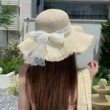 稻草人 波浪边蕾丝蝴蝶结草帽 大帽檐编织帽海边沙滩度假 遮阳 韩系百搭显脸小 纸草 防晒帽 女款