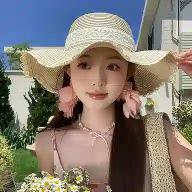 稻草人 波浪边蕾丝蝴蝶结草帽 大帽檐编织帽海边沙滩度假 遮阳 韩系百搭显脸小 纸草 防晒帽 女款