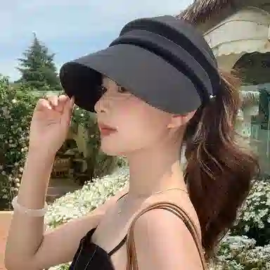 稻草人 夏季空顶遮阳帽 大帽檐黑胶防紫外线 简约百搭 可扎马尾 聚酯纤维 防晒帽 女款