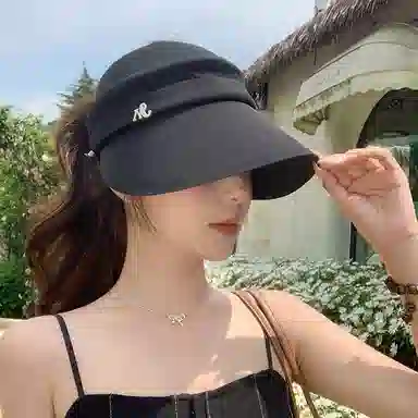 稻草人 夏季空顶遮阳帽 大帽檐黑胶防紫外线 简约百搭 可扎马尾 聚酯纤维 防晒帽 女款