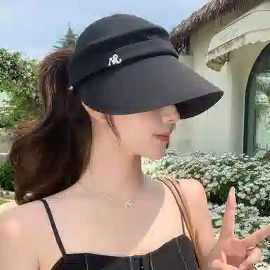 稻草人 夏季空顶遮阳帽 大帽檐黑胶防紫外线 简约百搭 可扎马尾 聚酯纤维 防晒帽 女款