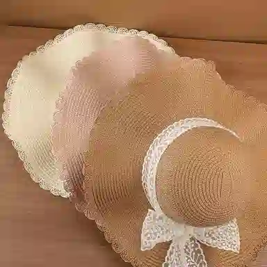 稻草人 波浪边蕾丝蝴蝶结草帽 大帽檐编织帽海边沙滩度假 遮阳 韩系百搭显脸小 纸草 防晒帽 女款