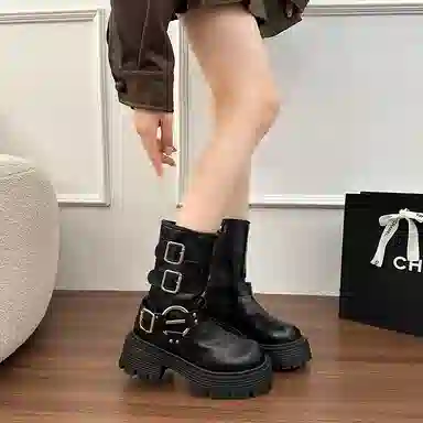 乐乐鱼 美拉德短靴子小个子厚底皮带扣西部牛仔靴中筒 马丁靴 女