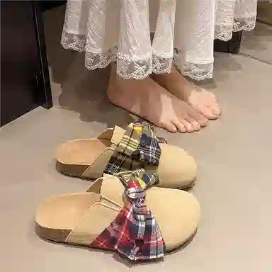 乐乐鱼 大蝴蝶结一脚蹬浅口凉拖 防磨防滑包头拖鞋 女