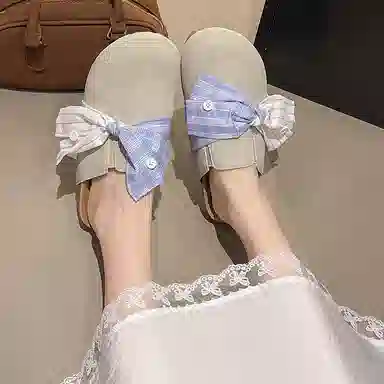 乐乐鱼 大蝴蝶结一脚蹬浅口凉拖 防磨防滑包头拖鞋 女