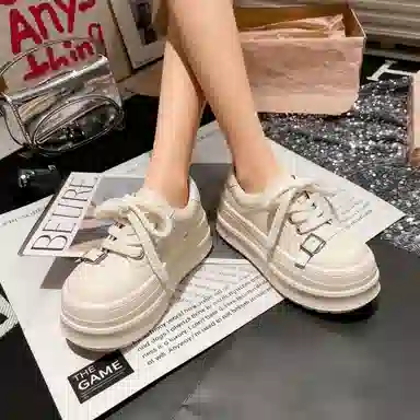 乐乐鱼 金属扣大头系带厚底松糕面包鞋休闲小个子 增高 低帮 板鞋 女