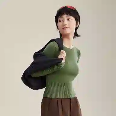 蕉下 纯色圆领休闲套头修身长袖毛衣 女款