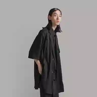 幻象者 纯色简约西装领中长款短袖衬衫 男女同款 黑色