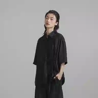幻象者 绑带宽松纯色短袖衬衫 男女同款 黑色