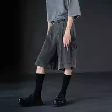 幻象者 垂感宽松纯色五分休闲短裤 男女同款 黑灰色