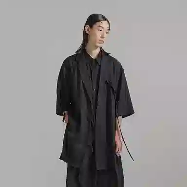 幻象者 纯色简约西装领中长款短袖衬衫 男女同款 黑色
