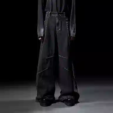 幻象者 原创设计中腰水洗阔腿牛仔裤 男女同款 黑色