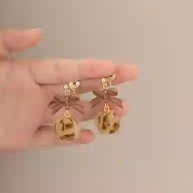 尚先生 豹纹优雅复古美拉德风蝴蝶结蚊香盘无洞#好运 黄铜 耳夹 女款