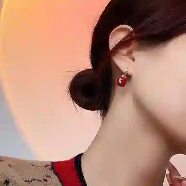 尚先生 高级感新年红色方块耳坠防丢失红豆相思 铜 耳环 女款