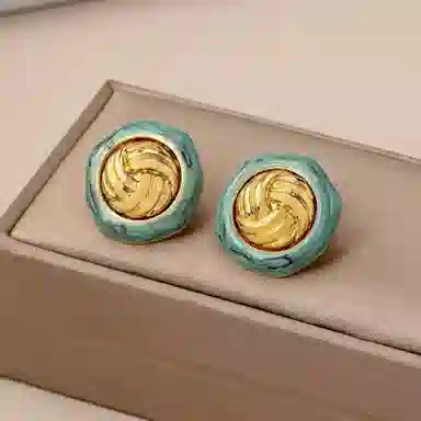 尚先生 【金涡纽扣】法式复古金属不规则异形日常百搭 铜珐琅 耳钉 女款