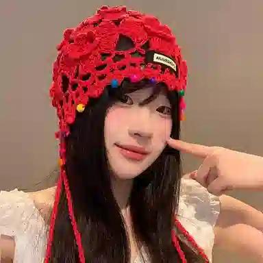 尚先生 波西米亚花朵流苏复古镂空民族风 针织 绒线帽 女款