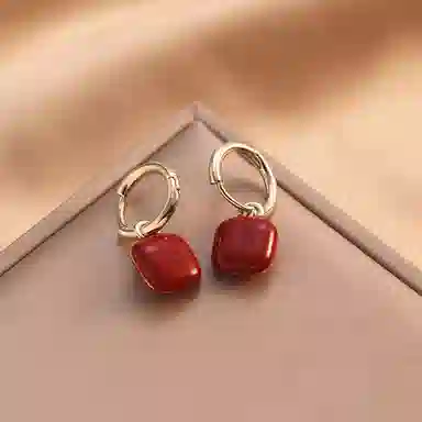 尚先生 高级感新年红色方块耳坠防丢失红豆相思 铜 耳环 女款